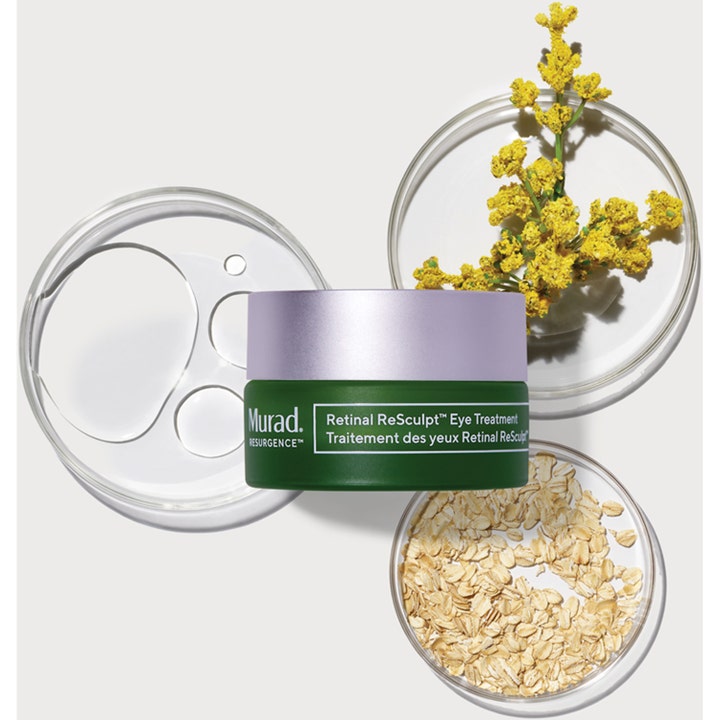 Murad Retinal ReSculpt Eye Lift Treatment 15 ml oppstrammende øyekrem i grønn krukke omgitt av havre og blomster