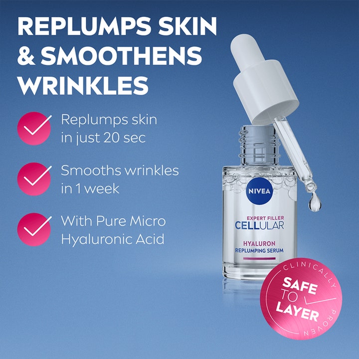 NIVEA Cellular Expert Filler 15 ml hyaluronsyraserum fyller ut huden og glatter ut rynker i glassflaske med pipette.