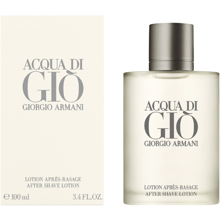 Armani Acqua Di Gio Homme 100 ml aftershave lotion som roer huden i frostet glassflaske med kremhvit eske