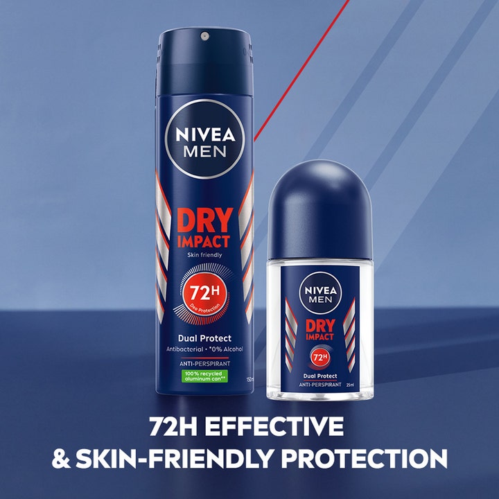 NIVEA Dry Impact Roll On Mini 25 ml hudvennlig deodorant gir 72h beskyttelse vist som spray og flaske med blått lokk