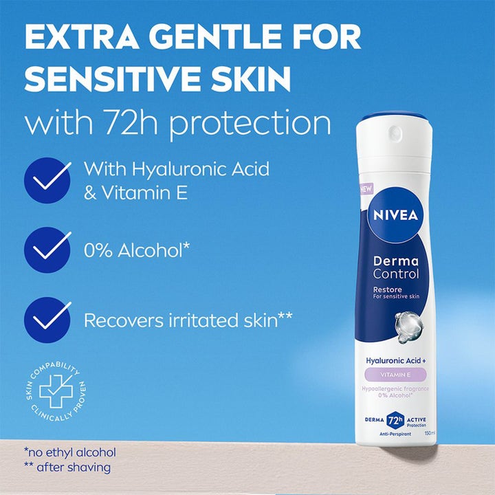 NIVEA Derma Control Restore 150 ml spraydeodorant gir 72t beskyttelse og inneholder hyaluronsyre og vitamin E.