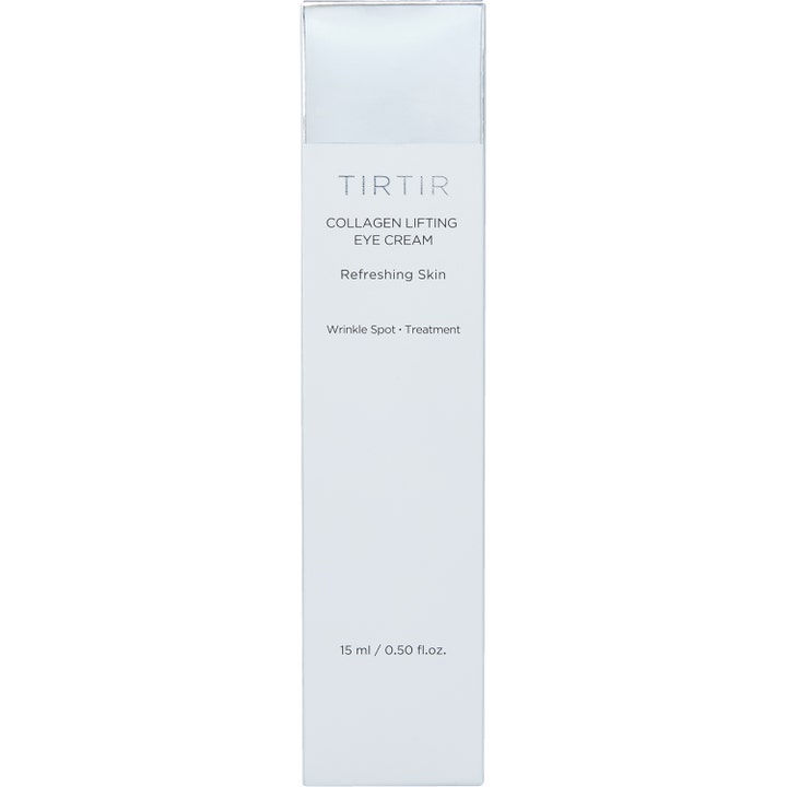 TIRTIR Collagen Lifting Eye Cream 15 ml oppstrammende øyekrem i hvit og sølvfarget eske for rynkebehandling.