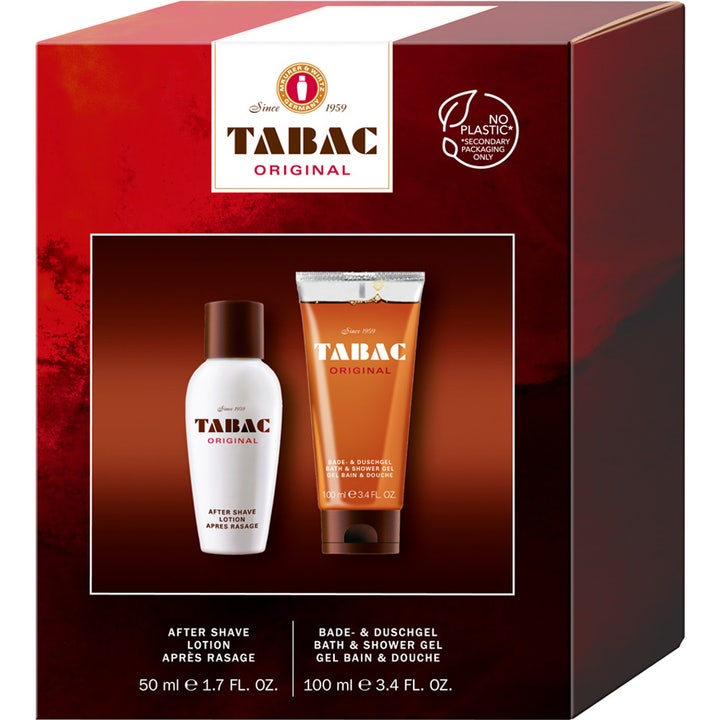 Tabac Original 50 ml og 100 ml gavesett for pleie i rød eske med hvit aftershave-flaske og ravfarget dusjgelé-tube.