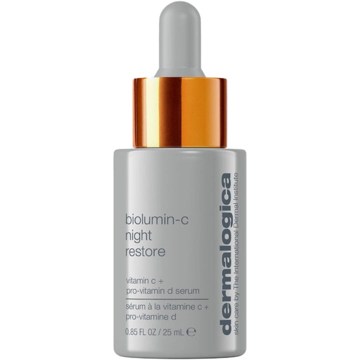 Dermalogica Biolumin-C Night Restore 25 ml vitamin C serum som gir glød i grå flaske med kobberfarget krage og pipette