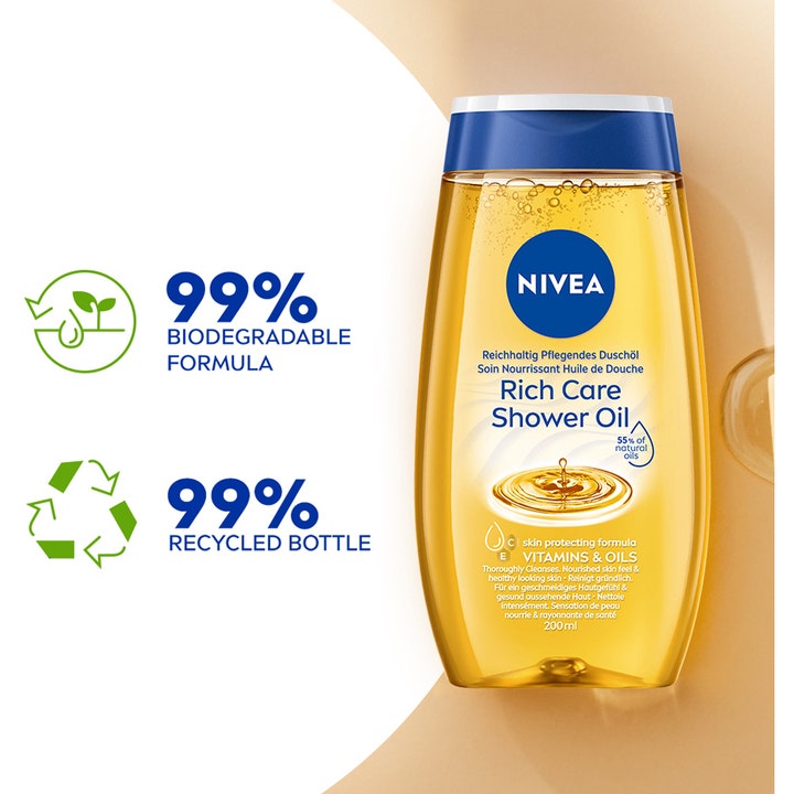 NIVEA Rich Care Shower Oil 200 ml fuktighetsgivende dusjolje i gjennomsiktig flaske med blått lokk