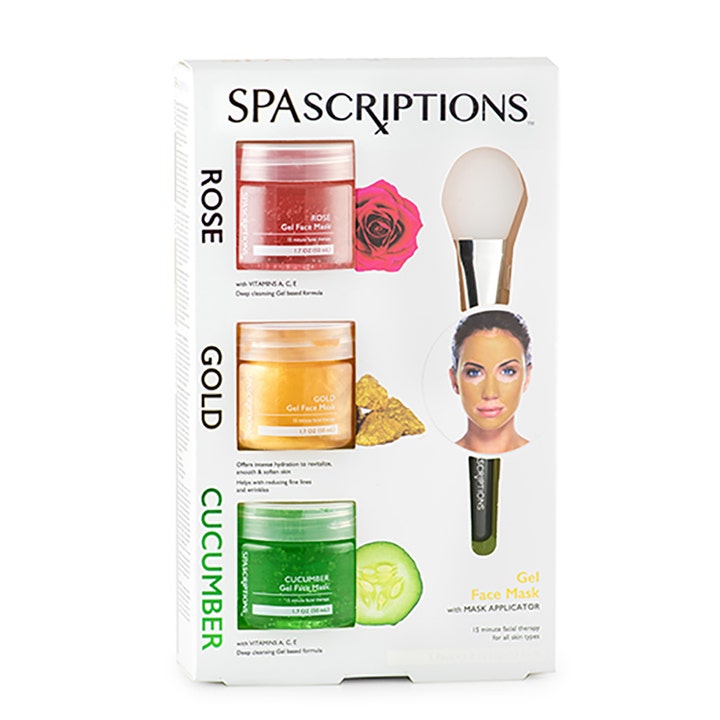 Spascriptions Gel Face Mask 3x50ml ansiktsmaskesett som gir fuktighet med krukker i rosa gull og grønt og en maskebørste.
