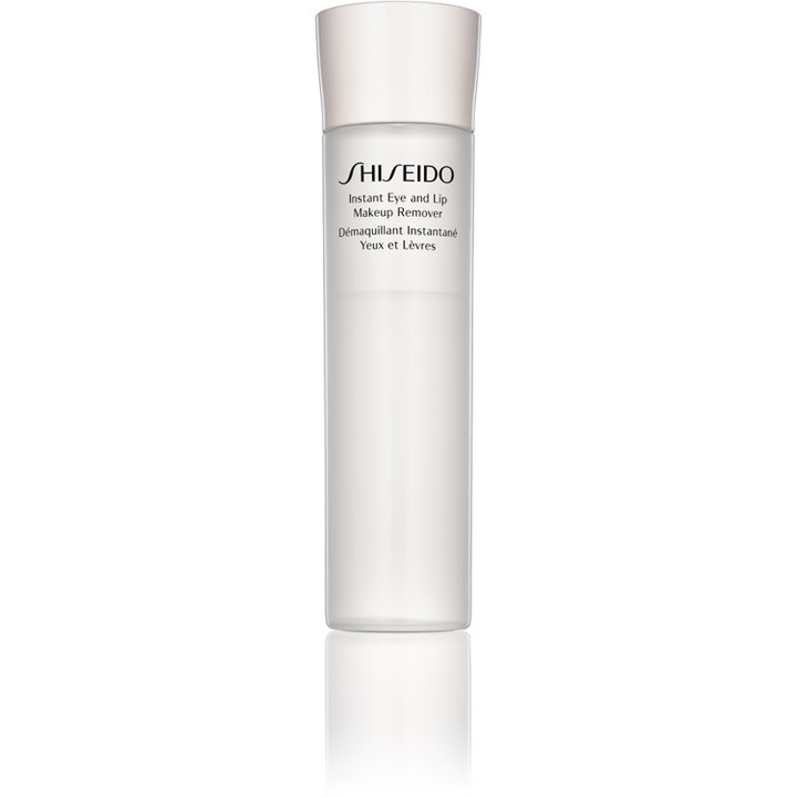 Shiseido Instant Eye and Lip Makeup Remover skånsom sminkefjerner i en frostet hvit plastflaske med to-faset væske