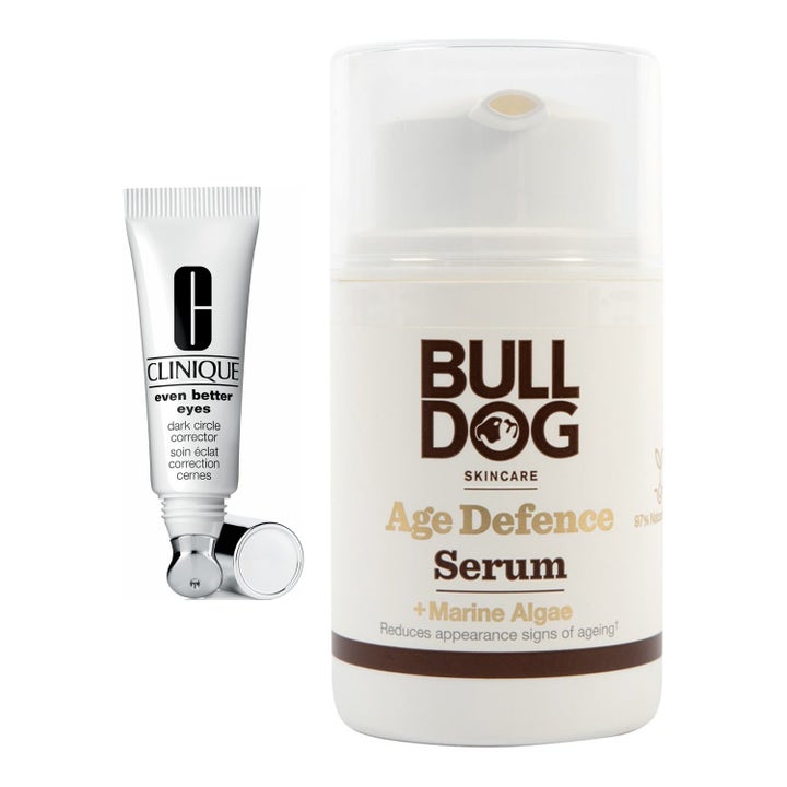 Clinique Even Better Eyes og Bulldog Age Defence Serum mot mørke ringer og aldringstegn i hvit tube og hvit pumpeflaske