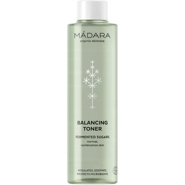 Mádara Balancing Toner 200 ml balanserende ansiktsvann i en lysegrønn flaske med hvitt lokk.