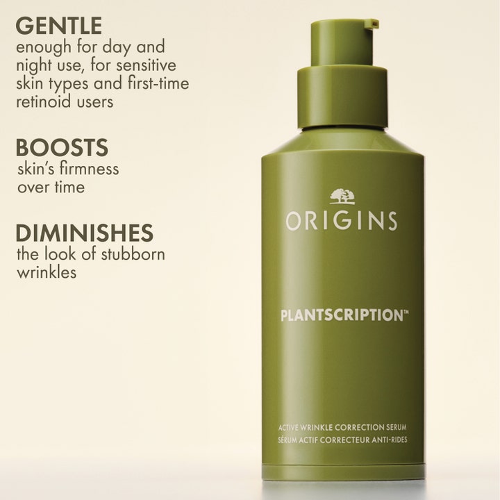 Origins Plantscription Active Wrinkle Correction Serum 48 ml rynkereduserende serum i grønn pumpeflaske med tekst.