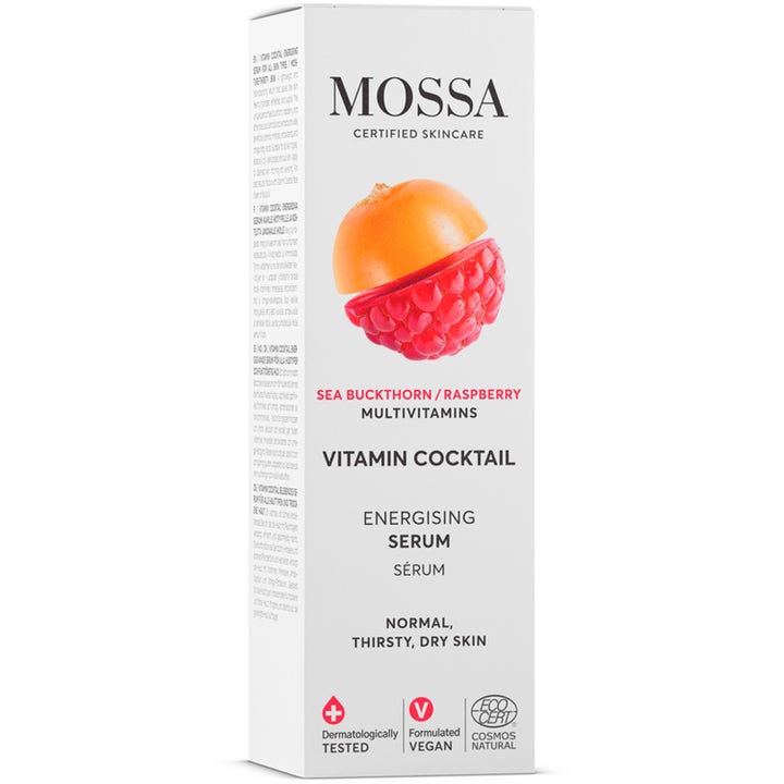 MOSSA Vitamin Cocktail Energising Serum 30 ml energigivende ansiktsserum i hvit eske med tindved og bringebær.