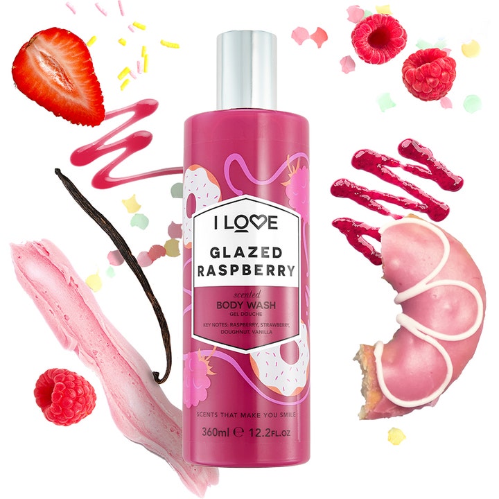I LOVE Glazed Raspberry 360ml velduftende dusjsåpe i rosa flaske med sølvkork omgitt av bringebær og smultring