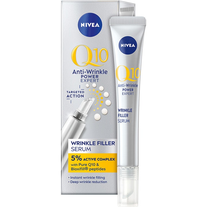 NIVEA Q10 Power Expert Wrinkle Filler Serum 15 ml hudserum mot rynker i sølvfarget tube med hvit eske