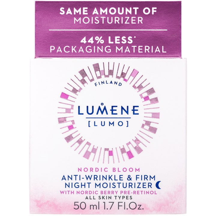 Lumene Nordic Bloom 50 ml nattkrem i hvit og lilla eske med tekst om mindre emballasjemateriale.