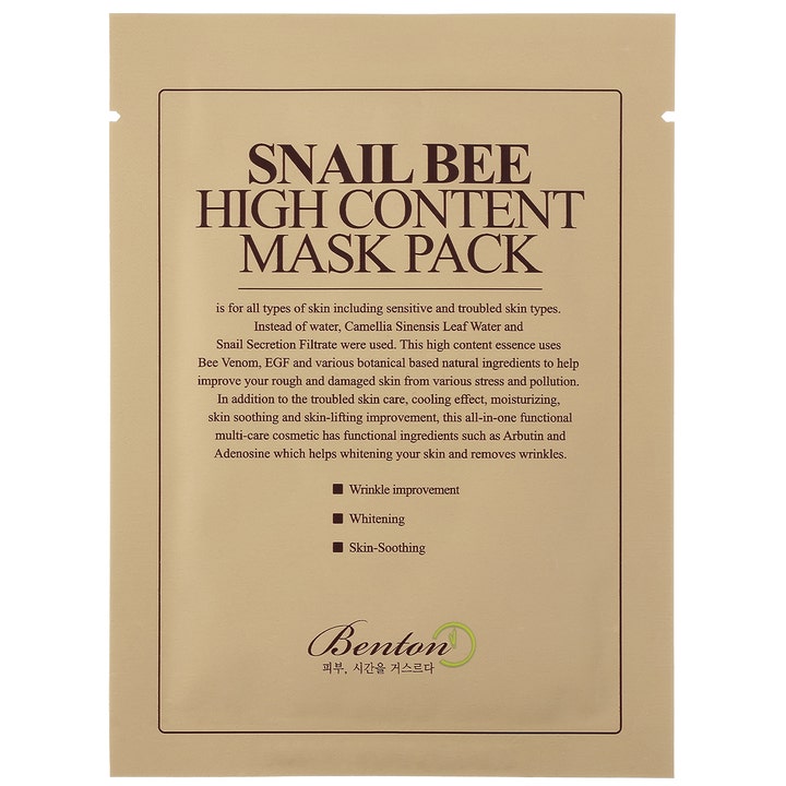 Benton Snail Bee High Content Mask Pack 1 stk beroligende ansiktsmaske i beige sachet med snileslim og bigift