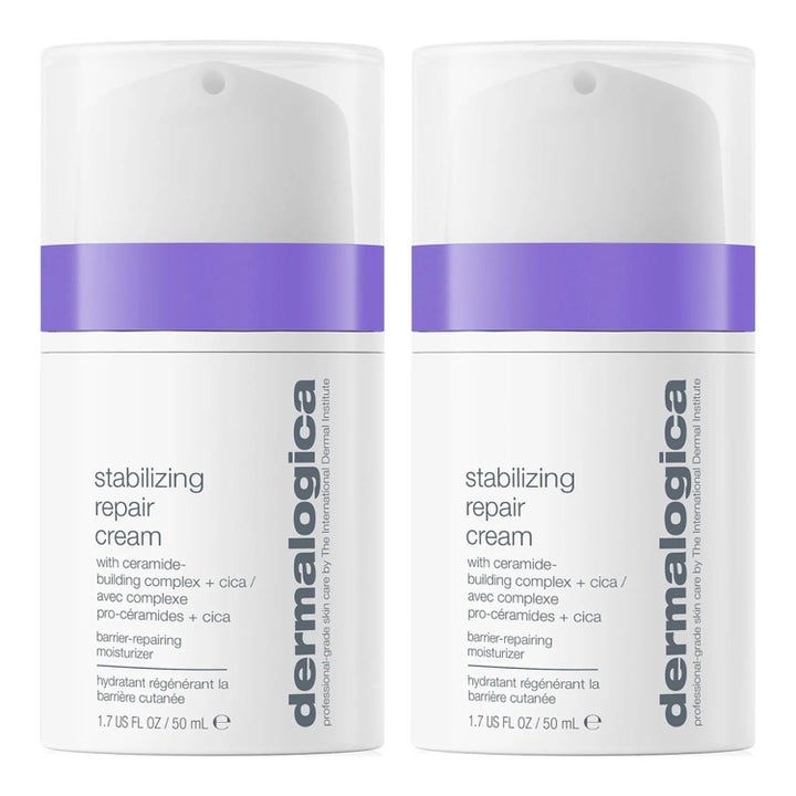 Dermalogica Stabilizing Repair Cream 50 ml beroligende ansiktskrem i to hvite pumpeflasker med lilla bånd.