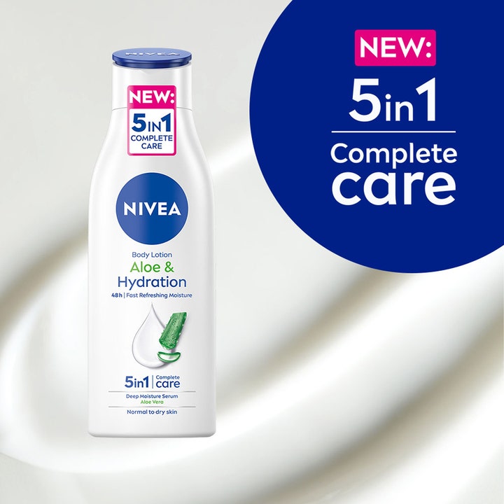 NIVEA Aloe & Hydration Body Lotion 250 ml fuktighetsgivende krem i hvit flaske med aloe vera og 5in1-logo