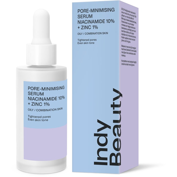 Indy Beauty Pore-minimising Serum 30 ml minsker porer med niacinamid i hvit glassflaske med pipette og lyseblå eske.