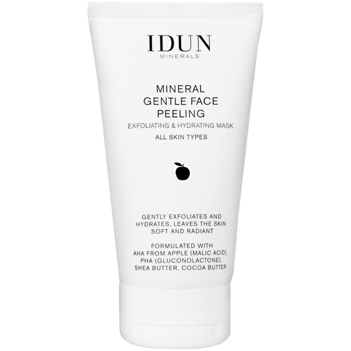 IDUN Minerals Mineral Gentle Face Peeling 75 ml eksfolierende ansiktsmaske i hvit tube med eple-ikon.