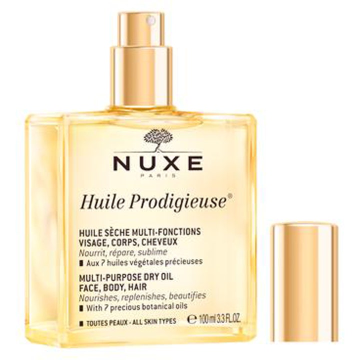 Nuxe Huile Prodigieuse 100 ml pleiende tørrolje i firkantet glassflaske med gullfarget spraykork