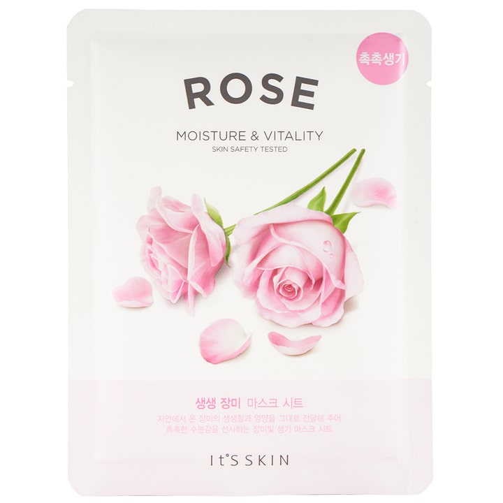 It's Skin Rose Moisture & Vitality 1 stk ansiktsmaske som gir glød i hvit sachet med vakre rosa roser