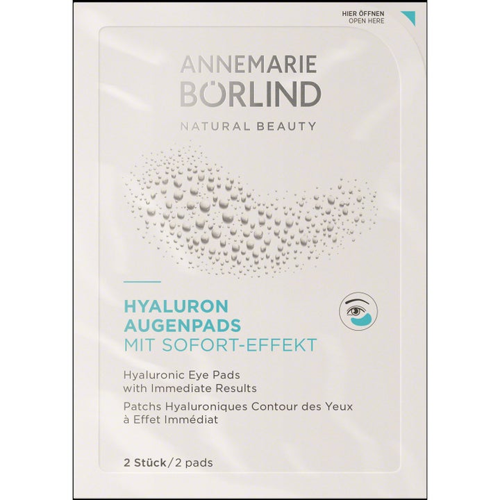 Annemarie Börlind Hyaluronic Eye Pads 2 stk fuktighetsgivende øyepads i hvit pose som gir umiddelbar effekt