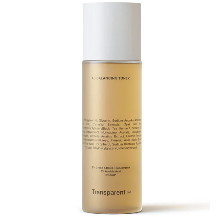 Transparent Lab A5 Balancing Toner 120ml balanserer huden i en klar flaske med hvit kork og ravfarget væske.