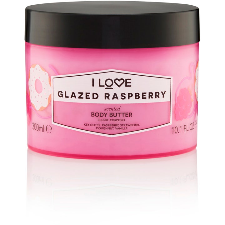 I Love Glazed Raspberry 300 ml body butter i rosa krukke med svart lokk som gir fuktighet til huden