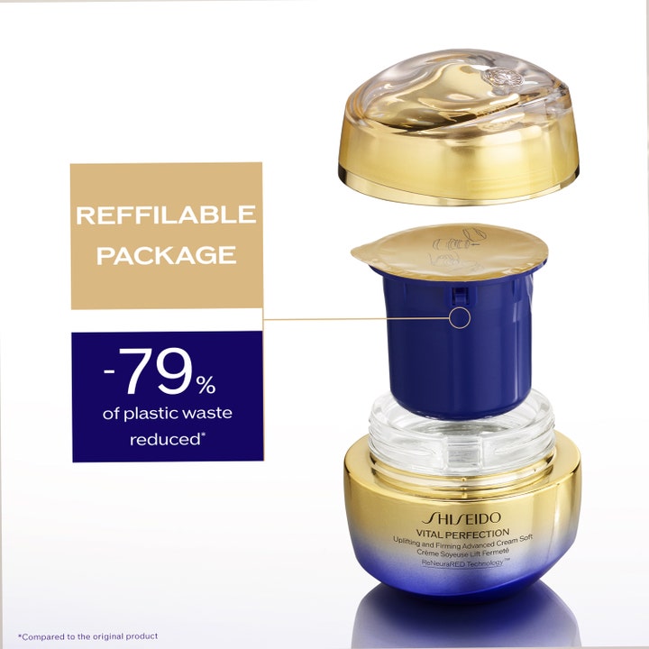Shiseido Vital Perfection Soft Cream 50 ml oppstrammende ansiktskrem i en refillbar gullkrukke som sparer plast.