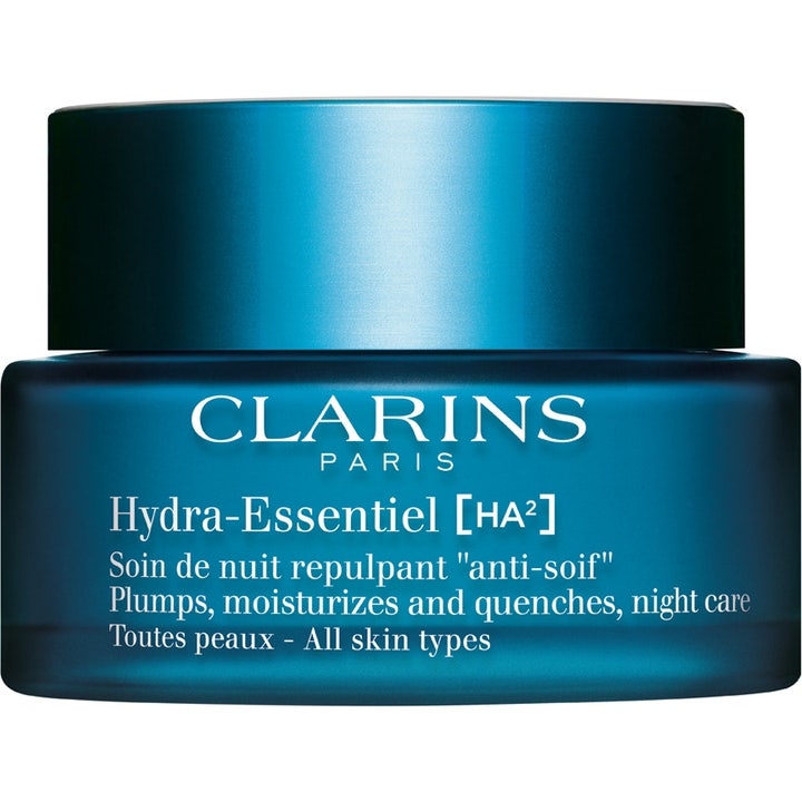 Clarins Hydra-Essentiel [HA²] Night Care fuktighetsgivende nattkrem i en dyp blå glasskrukke med mørkeblått lokk