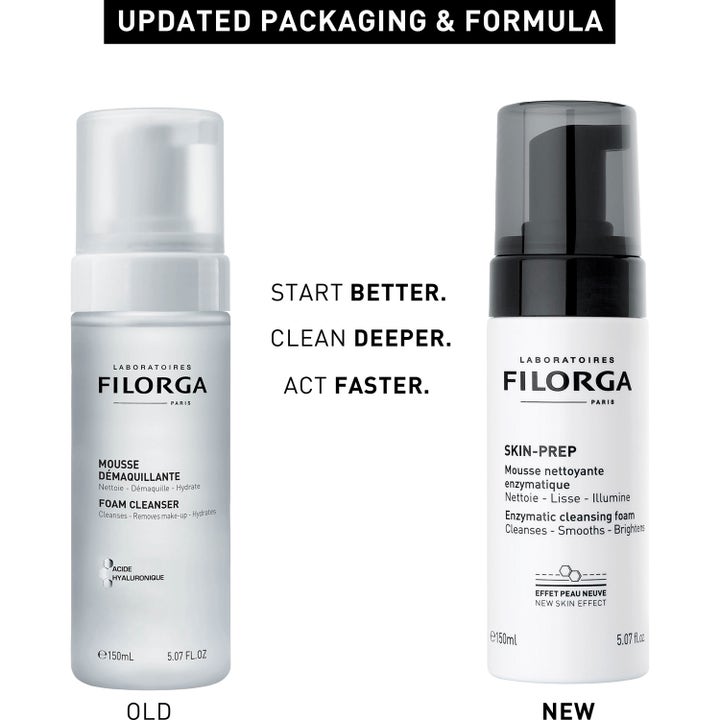 Filorga Skin-Prep Enzymatic Cleansing Foam 150 ml rengjøringsskum i ny hvit flaske med svart pumpe for ny hud-effekt.