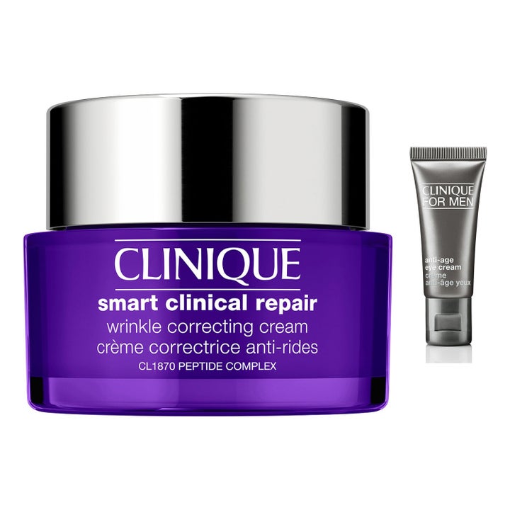 Clinique Smart Clinical Repair Wrinkle Correcting Cream og øyekrem som gir glattere hud i lilla krukke og sølvfarget tube