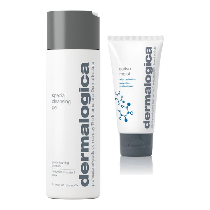 Dermalogica Special Cleansing Gel og Active Moist ansiktspleie i hvit flaske og tube med grå korker.