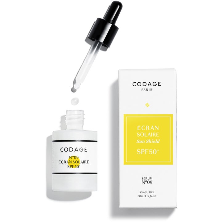 Codage Paris N°09 Ecran Solaire 30ml beskyttende solserum med SPF 50 i hvit glassflaske med pipette og eske.