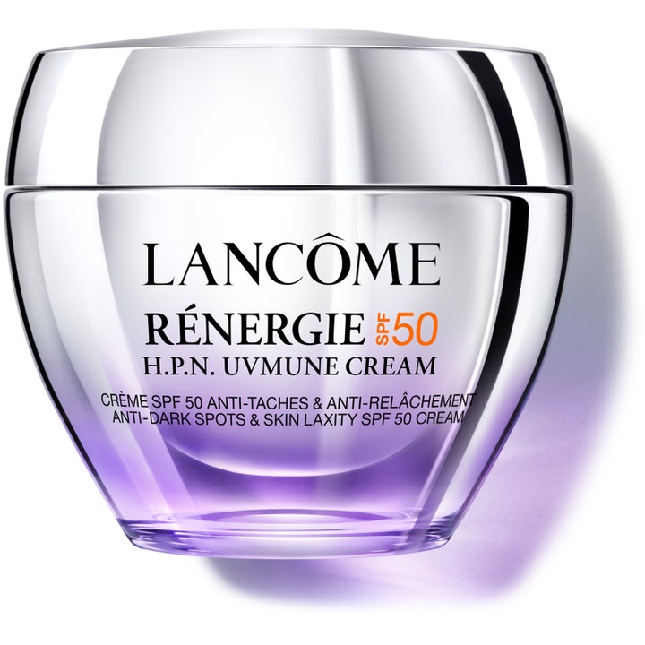 Lancôme Rénergie H.P.N. UVMune Cream SPF 50 oppstrammende dagkrem i lilla glasskrukke med sølvfarget lokk.
