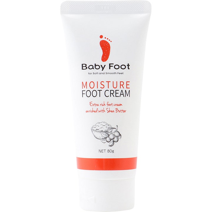 Baby Foot Moisture Foot Cream 80g fuktighetsgivende fotkrem med sheasmør i hvit tube med rød logo for myke føtter