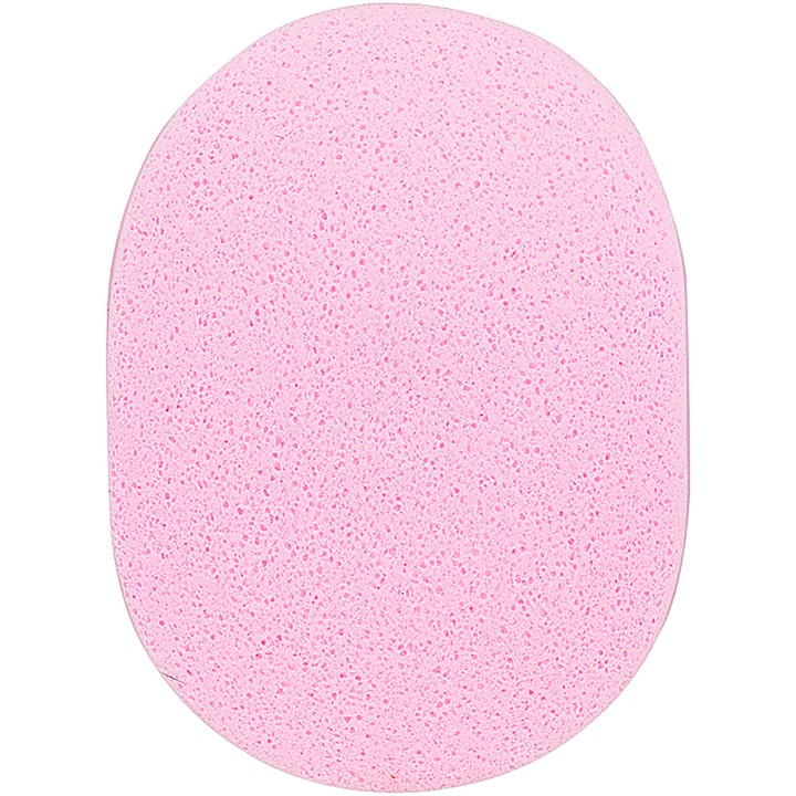 Ansiktssvamp 1 stk for skånsom rensing av huden oval rosa svamp med en porøs overflate og myk tekstur