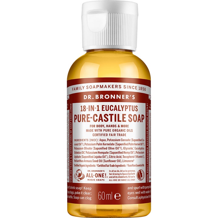 Dr. Bronner's 18-in-1 Eucalyptus Pure-Castile Soap 60 ml oppfriskende såpe i plastflaske med hvit kork og brun etikett