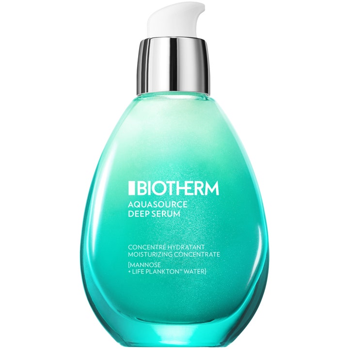 Biotherm Aquasource Deep Serum fuktighetsgivende ansiktsserum i en dråpeformet turkis glassflaske med sølvpumpe.