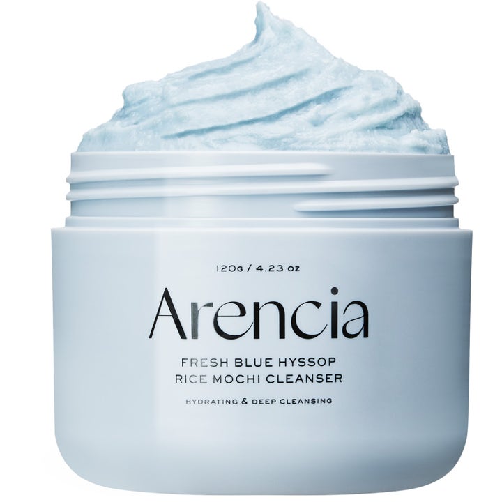 Arencia Fresh Blue Hyssop Rice Mochi Cleanser 120g fuktighetsgivende dyprens i lyseblå krukke med tykk kremet konsistens