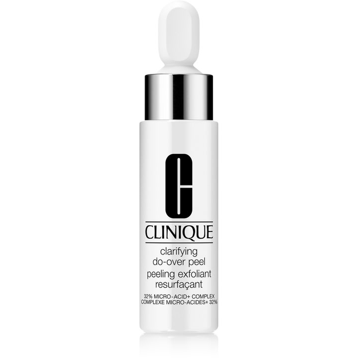 Clinique Clarifying Do-Over Peel 30 ml eksfolierende serum i hvit glassflaske med sølvfarget pipette.