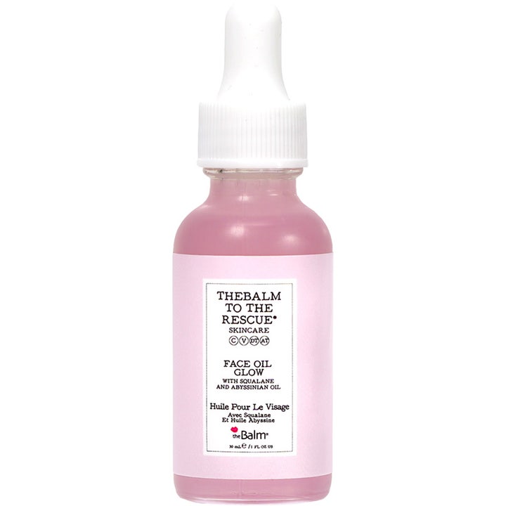 theBalm To The Rescue Skincare Face Oil Glow 30 ml ansiktsolje for glød med rosa olje i glassflaske med hvit pipette