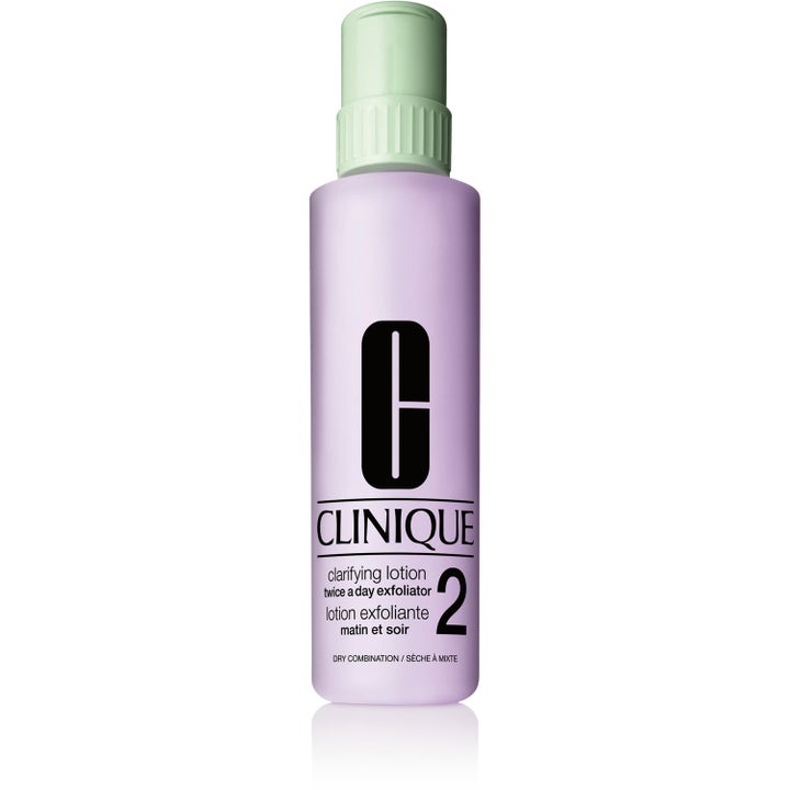 Clinique Clarifying Lotion 2 eksfolierende ansiktsvann for kombinasjonshud i lilla frostet flaske med grønn kork