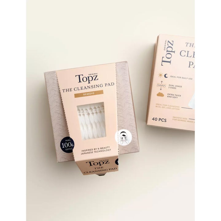 Topz Premium The Cleansing Pad 40 stk fjerner sminke med tykke bomullspads i en beige og mønstret eske