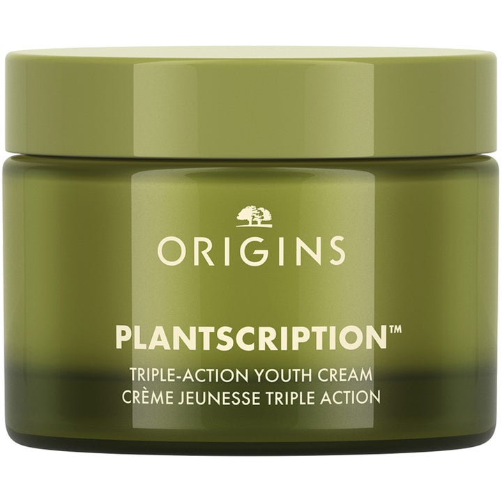 Origins Plantscription Triple-Action Youth Cream oppstrammende ansiktskrem i en olivengrønn krukke