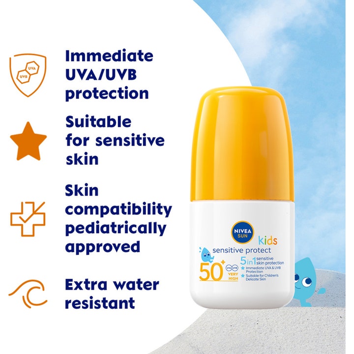 NIVEA SUN Kids Sensitive Roll-On 50 ml gir SPF50+ beskyttelse i hvit flaske med gul kork for sensitiv barnehud.