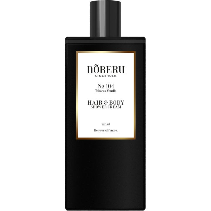 Nõberu No 104 Tobacco Vanilla 250 ml dusjsåpe for hår og kropp i svart flaske med hvit og gull etikett.