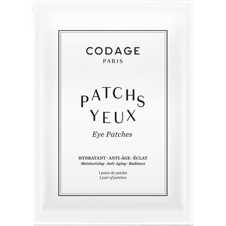 Codage Paris Eye Patches 1 par fuktighetsgivende og antialdrende øyemasker i hvit pose med svart tekst og ramme