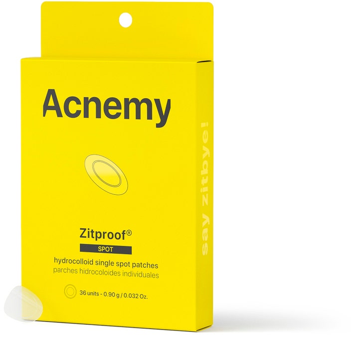 Acnemy Zitproof Spot 36 stk kviseplaster mot urenheter i gul eske med ett gjennomsiktig plaster foran