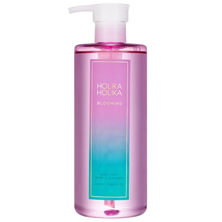 Holika Holika Blooming Perfumed Body Cleanser 400 ml parfymert dusjsåpe i rosa gjennomsiktig flaske med hvit pumpe.